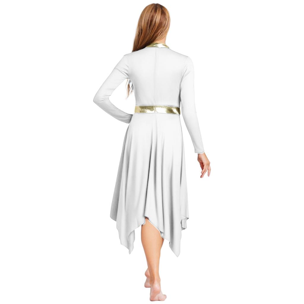 Womens Worship Dance Dress Metallic Patchwork Long Sleeve Irregular Hem Tunic Lyrical Performance Gown
