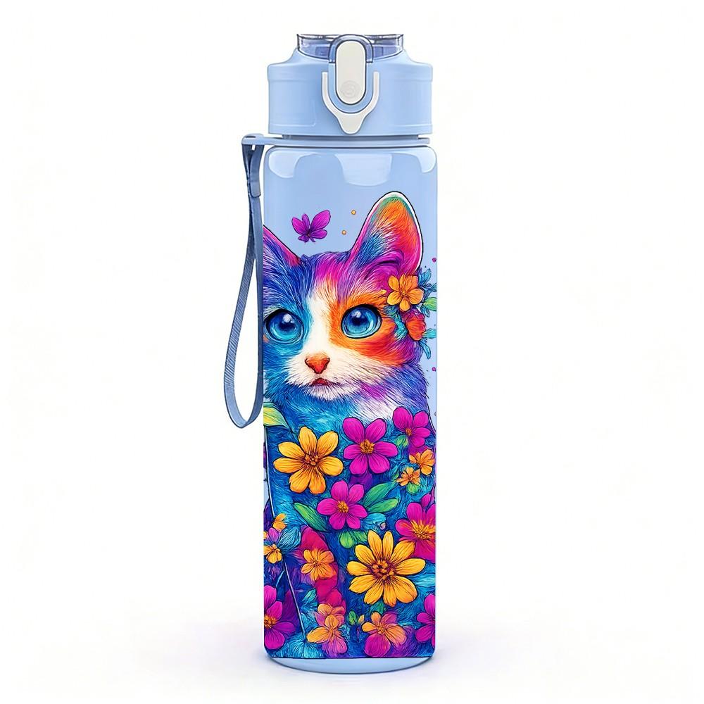 1PC Colorful Cat Psychedelic Art Print 750ml Color Plastic Sports Water Bottle Leakproof Flip Straw Lid Suitable for Sports Office Home Use