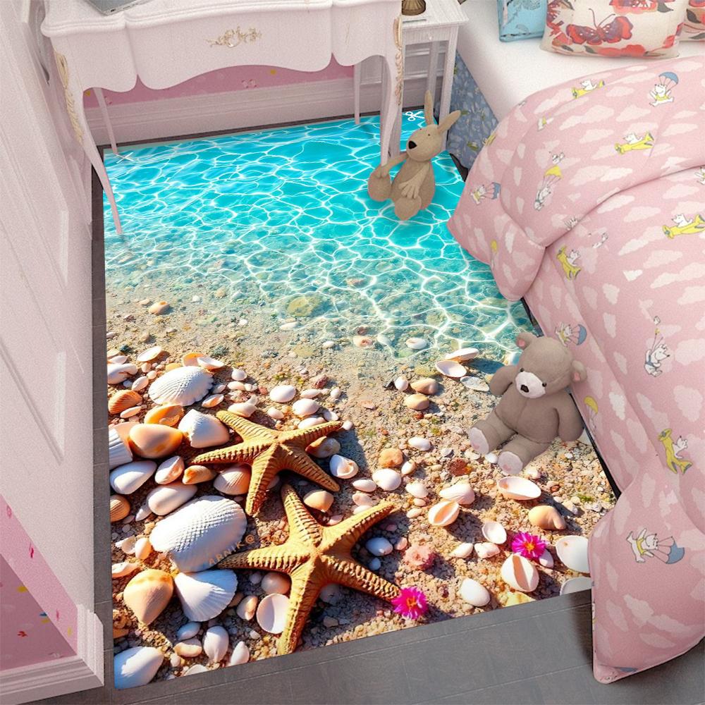 Large Vibrant Seaside 3D Area Rug with Waves and Sandy Beach Living Room Bedroom Non-slip Floor Carpet Home Decor