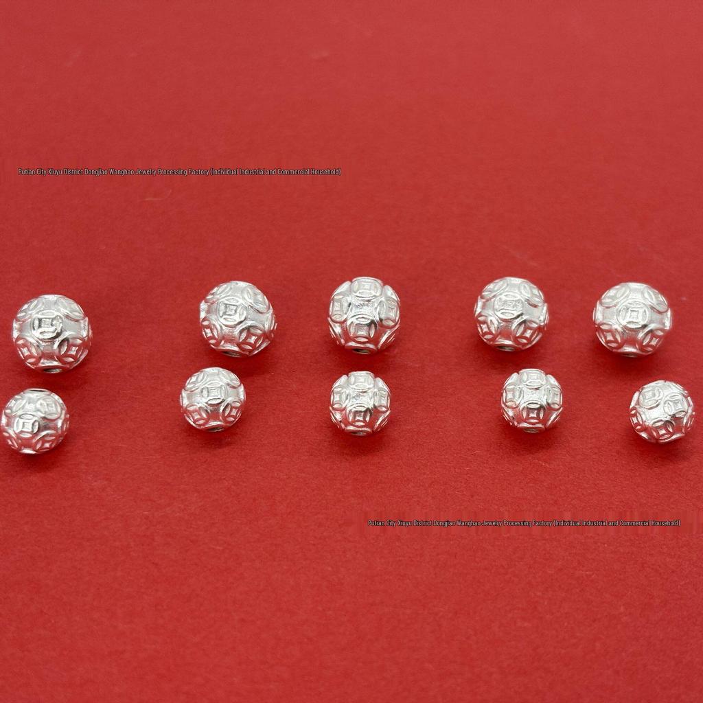 Sterling Silver 999 Gold Coin Luck Beads - 3D Craft Loose Spacer Beads for DIY Silver Jewelry and Weaving Rope Bracelets.