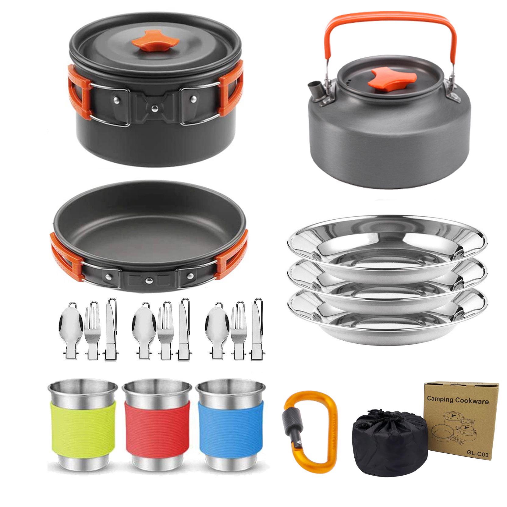 

2-3 Person Camping Cookware Set: Folding Nesting Pots & Teapot Combo for Outdoor Adventures