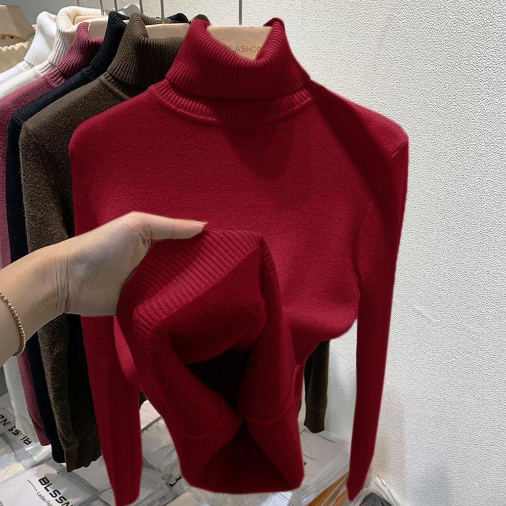 One Piece Velvet High Neck Sweater with Thickened Velvet for Women, Autumn and Winter New Warm Long Sleeved Base Sweater