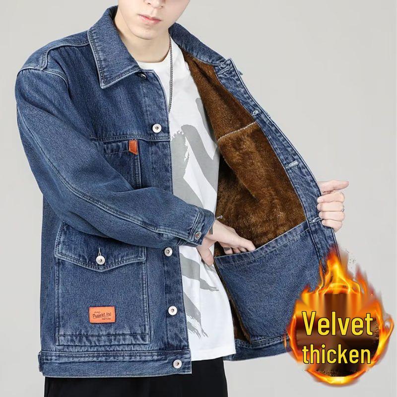 

Men s Velvet-Lined Thick Denim Jacket - Extra Warm, Loose Fit, Trendy Plus Size for Winter Extra Extra Large синій
