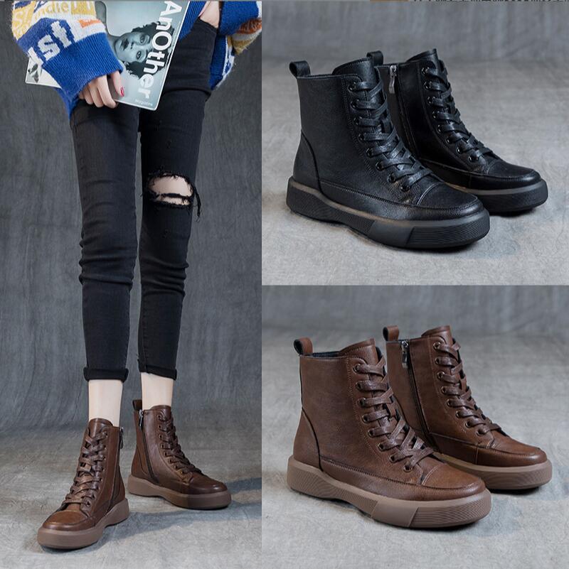 Women Genuine Leather Short Boots Round Toe Genuine Leather Handmade Retro Street Style Winter Warm Flats Ankle Boots