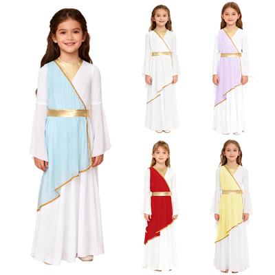 Vestido de Halloween y Fiesta para Niñas: Disfraz de Princesa Griega Antigua con Mangas Largas, Colores Contrastantes para Actuación y Juego