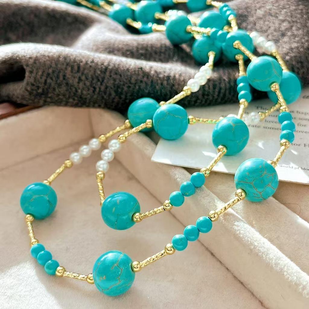 Vintage Vibe Artificial Turquoise Crystal Pearl Sweater Chain Necklace Collarbone Chain