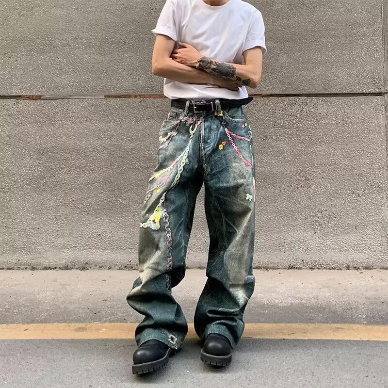Vintage Candy Chain 3D Print Straight Fit Denim Jeans Men Women Relaxed Wide Leg Trousers Casual Wear