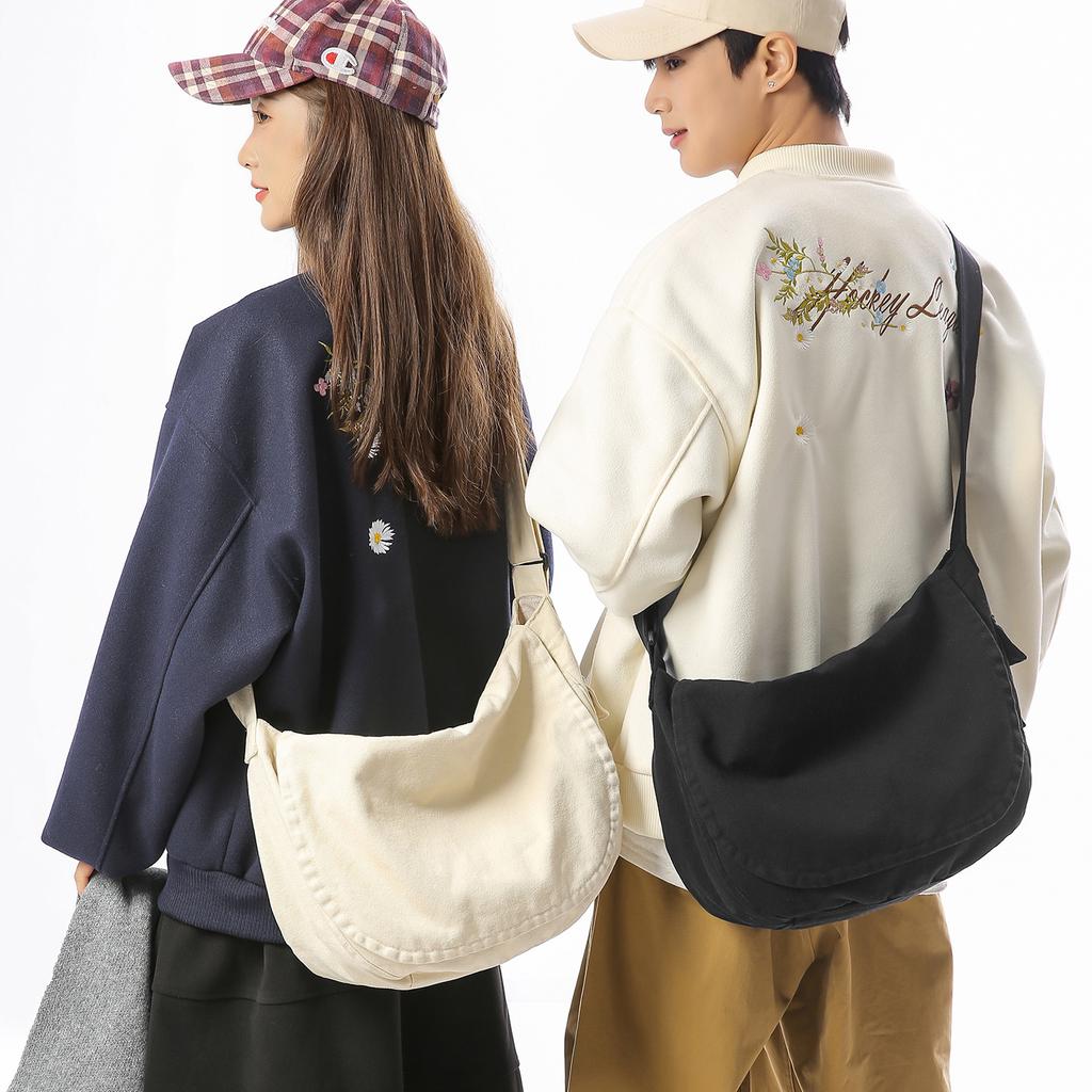 Japanese and Korean Style Versatile Retro Washed Canvas Crossbody Bag, Men's Casual Dumpling Bag, Youth Travel Single Shoulder Backpack