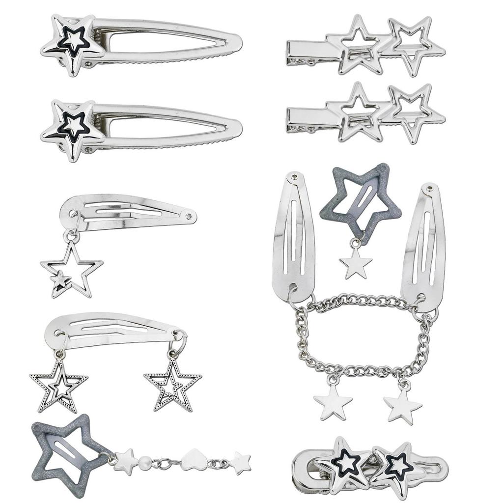 10Pcs/5Pcs Star Pendant Hair Clips Unique Pentagrams Barrettes for Women Hair Accessories Metal Chain Gothic Hair Pins