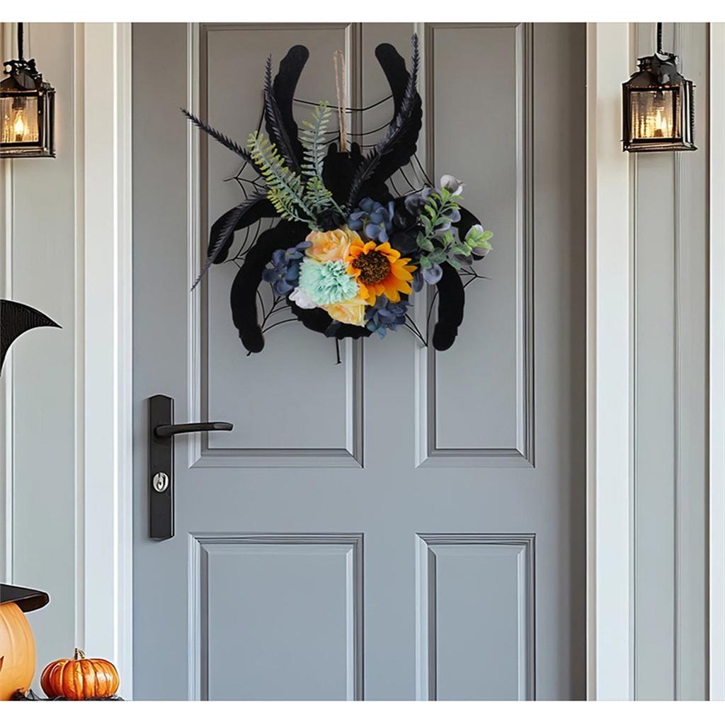 3D Spider Wooden Plaque Door Hanging Flower Wreath, Plaque Door Hanging Festive Atmosphere Decorative Vine Circle Wall Hanging
