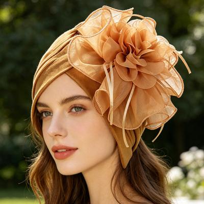 Women Turban Hat Pure Color Mesh Flower Decor Elastic Non-Slip Headwrap Breathable Lightweight Summer Headscarf Hat