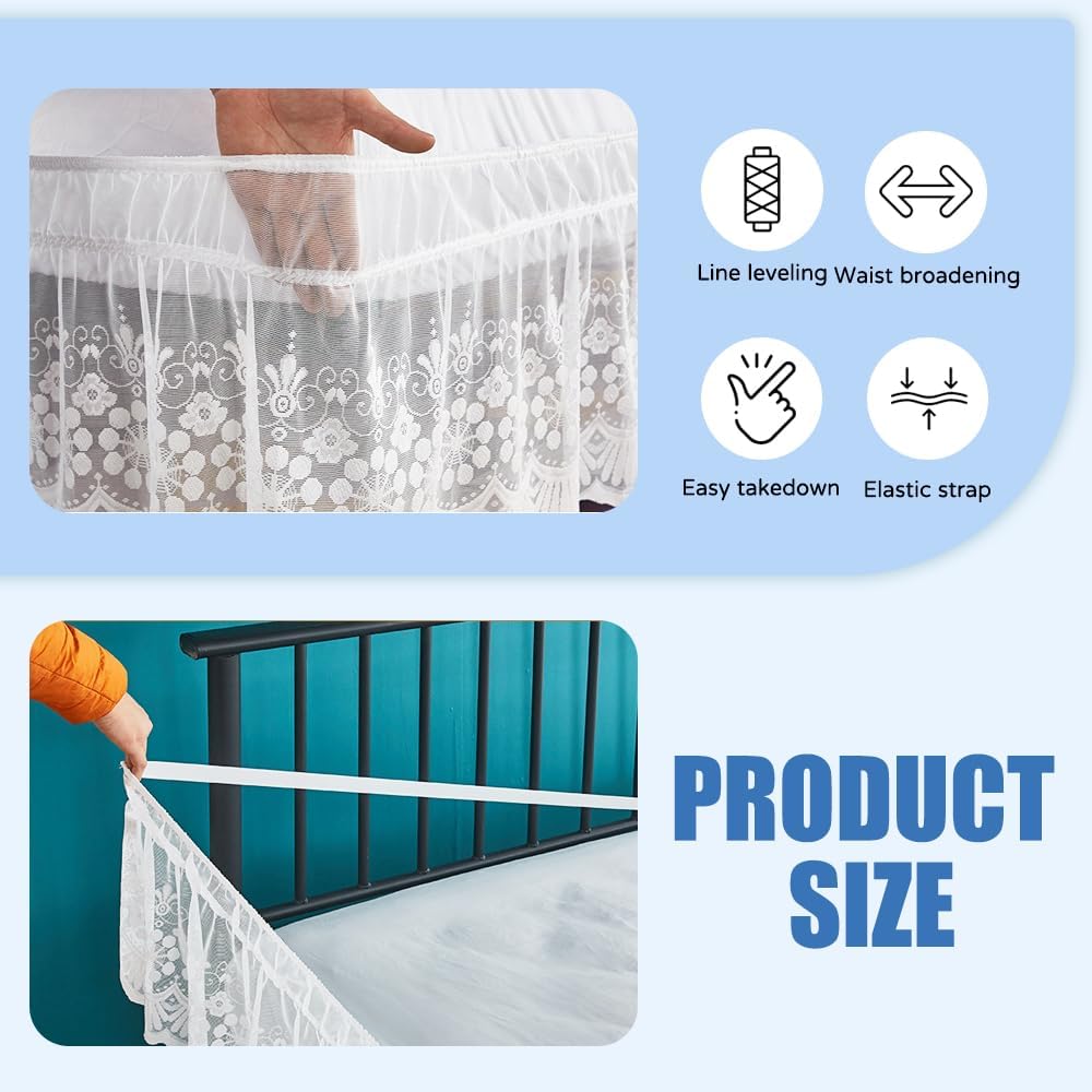 White Lace Bed Skirt for Queen Bed - 15in. Drop, Easy Fit Ruffle Bedskirt Wrap Around Bed Skirt, Anti Wrinkle & Fade Resistant