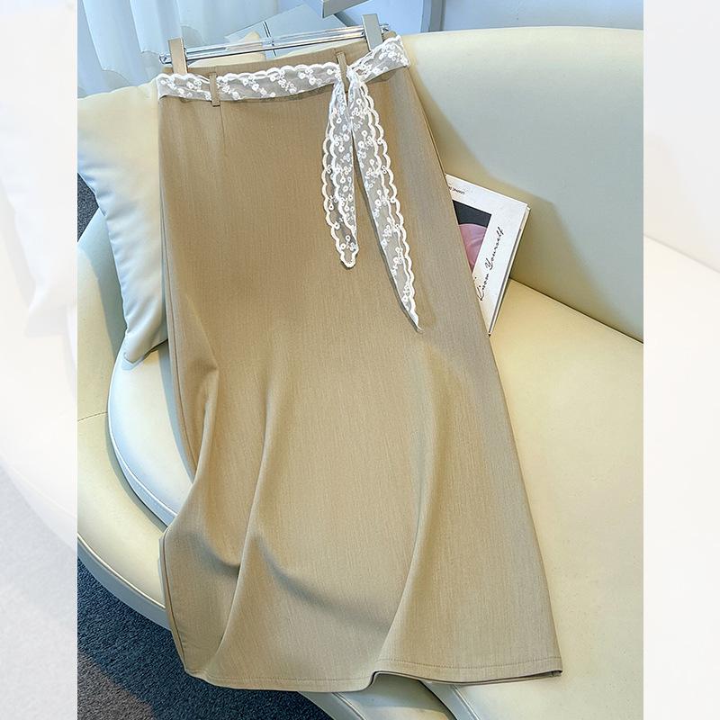 

Весна 2025 Белая кружевная миди-юбка - С высокой талией, приталенная, А-силуэт, стиль карандаш для женщин 4XL for 145-155 lbs хаки