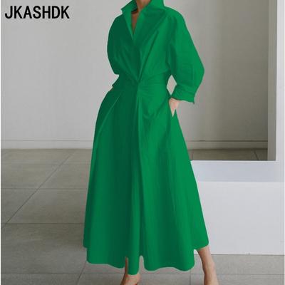Moda feminina primavera outono cor sólida estampa manga comprida gola polo cintura alta vestidos casuais