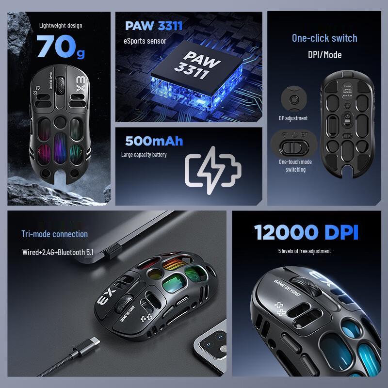 Leilang X3 Lightweight Tri-Mode RGB Gaming Mouse