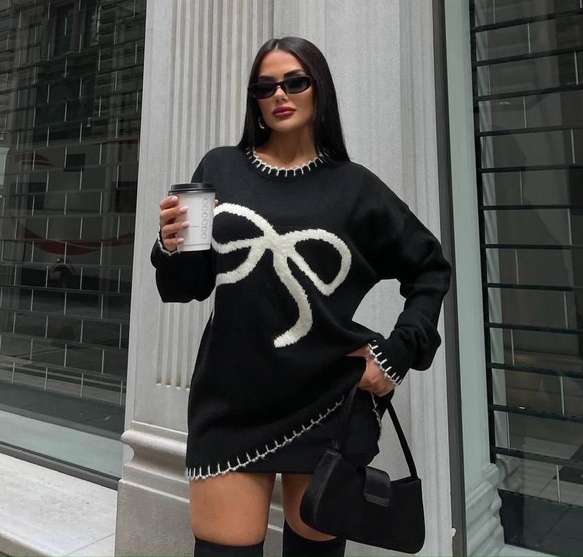 Dámský podzimní/zimní svetřík s mašlí - Evropský a americký styl Kulatý výstřih Pletený pulovr