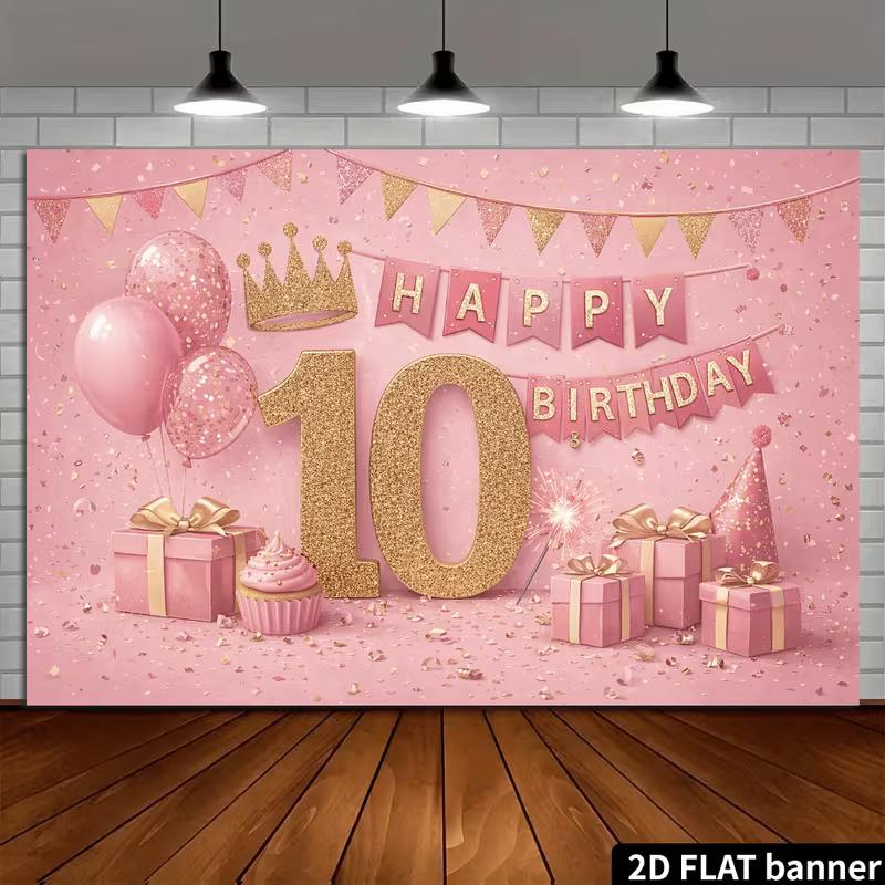 2D Pink Gold 10th Birthday Backdrop Photography Background