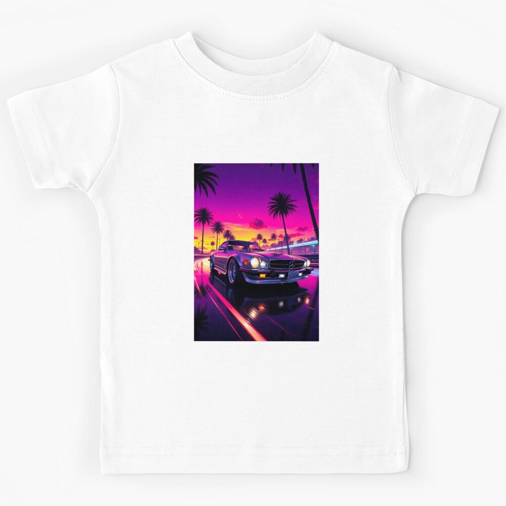 Retro Convertible Car at Neon Sunset - Synthwave Aesthetic Art Kids T-Shirt 100