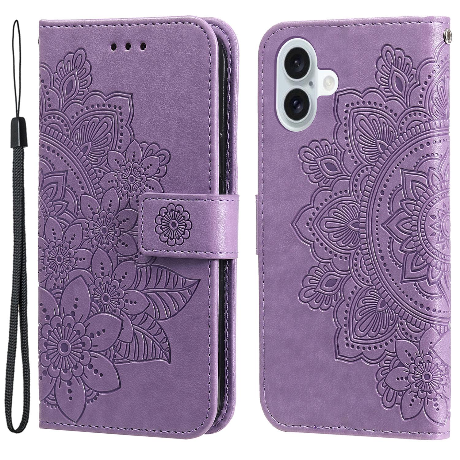 

For iPhone 16 Plus Case Floral Pattern PU Leather Wallet Stand Phone Cover Purple
