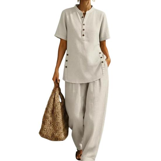 Women's 2 Piece Linen Sets, Short Sleeve Button Up Top And Wide Leg Pants Matching Outfits, Summer Casual Lounge Sets with Pockets