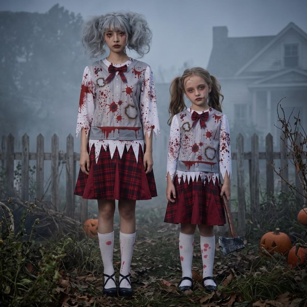 Creepy Halloween Zombie Costume Red Plaid Bloody Dress NPC Zombie Cosplay Costume Halloween