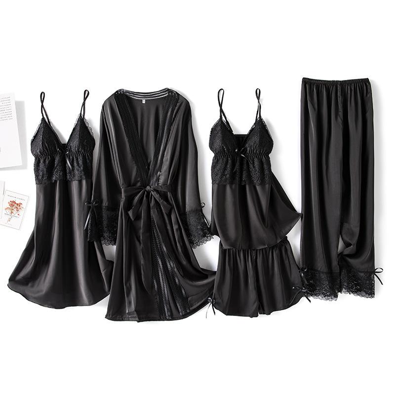 

Пижама женская весенняя ночная рубашка на подтяжках комплект из пяти предметов сексуальный V-образный вырез атлас кружево ночная рубашка интимное белье пижамы домашняя одежда L