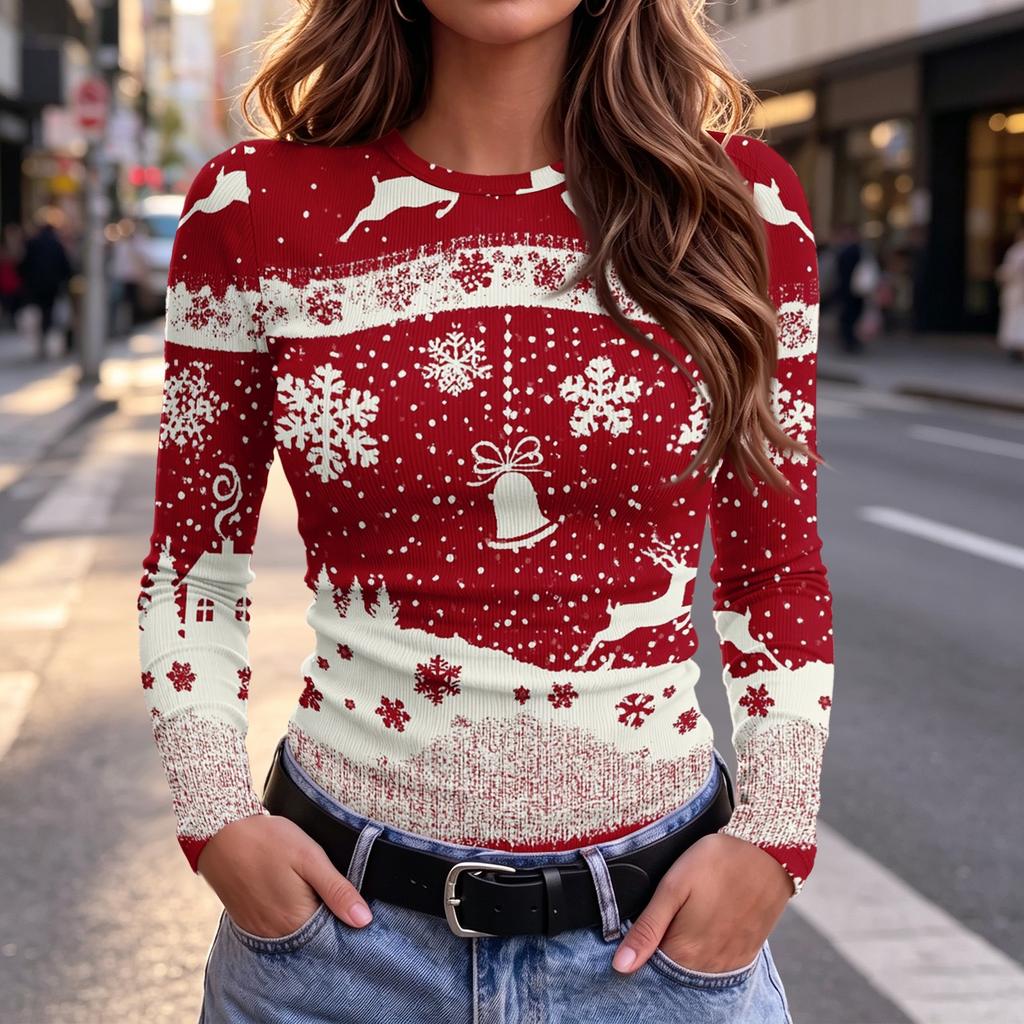Women's Slim Fit Christmas Print Long Sleeve Neck T-Shirt for Holiday Casual Wear