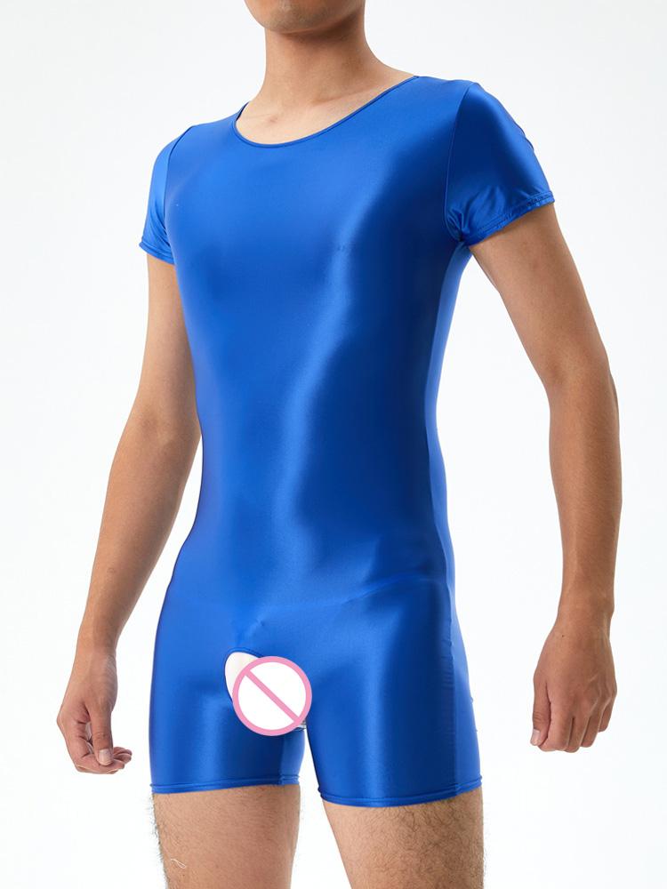 Sexy Men Satin Oil Glossy Shiny Bodysuit Yoga Tights Elastic Shaping Leotard Crotchless Jumpsuit Candy Color Exotic Tops Plus