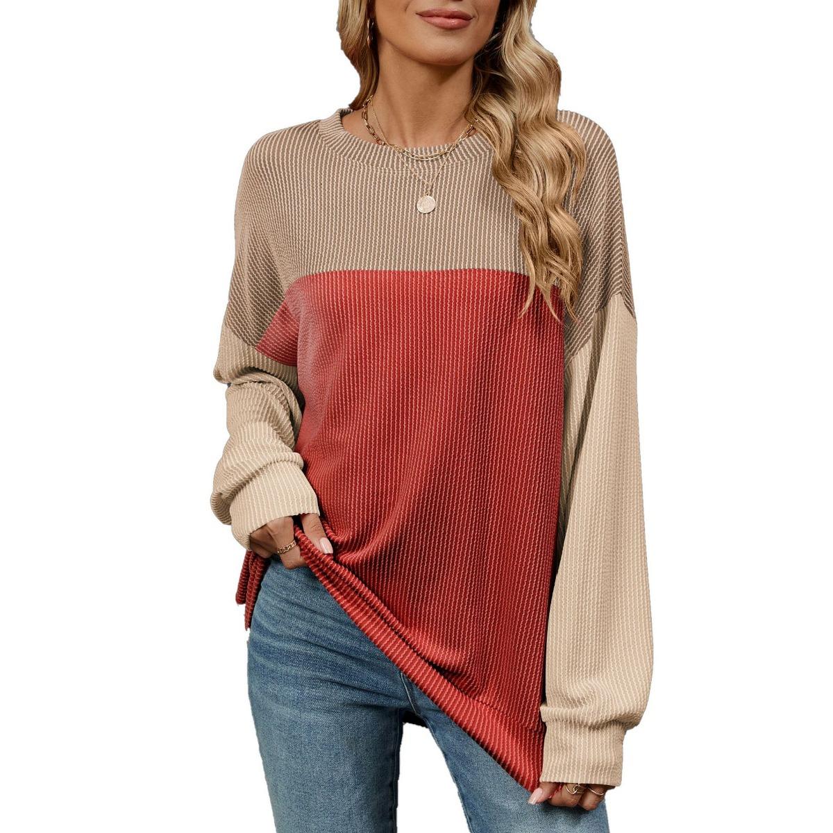 

Plus Size Women s Long Sleeve Crew Neck Colorblock Midi T-shirt Fall Winter New Casual Tops for EU US Cross-border Trade S красный