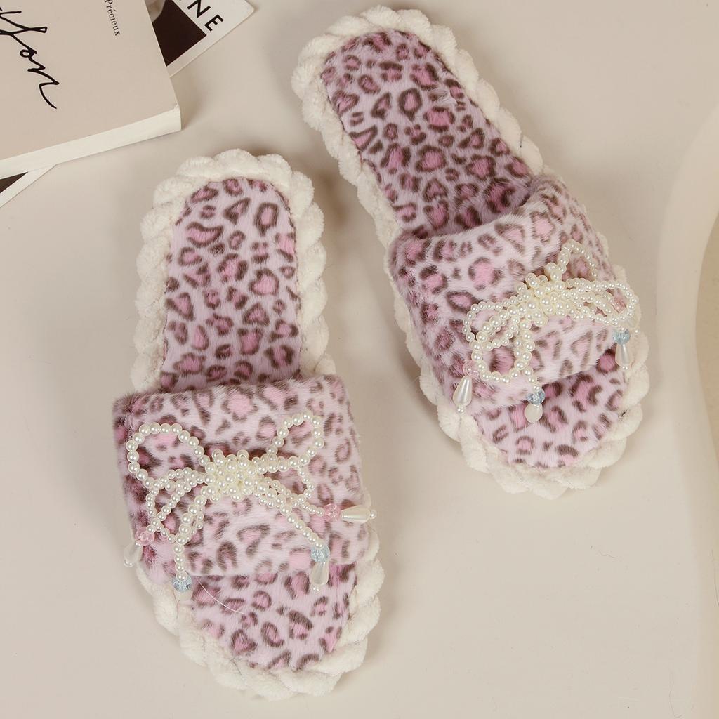 Lovely Slippers Female Slides Flat Low Heels Warm Shoes Woman Leopard Fur String Bead Butterfly Knot Winter Shoes Plus Size