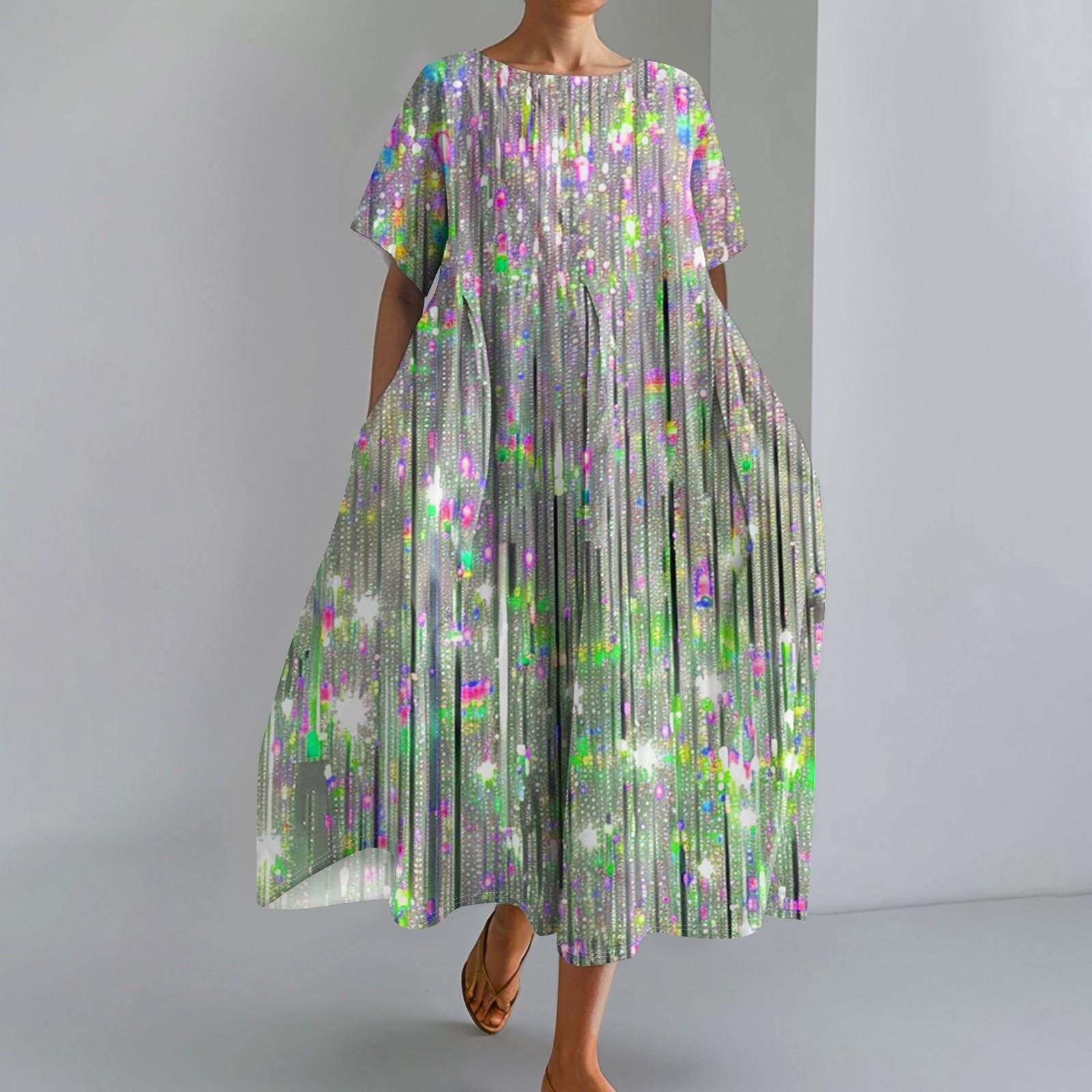 

Женское модное платье с карманом и круглым вырезом с короткими рукавами и принтом XXXL серебряный