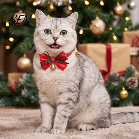 Christmas Pet Accessories Bow Collar, Adjustable Cat Collar with And Bell, Safety Buckle Plaid Print for Cats, Small Dogs, Holiday Wear Bell