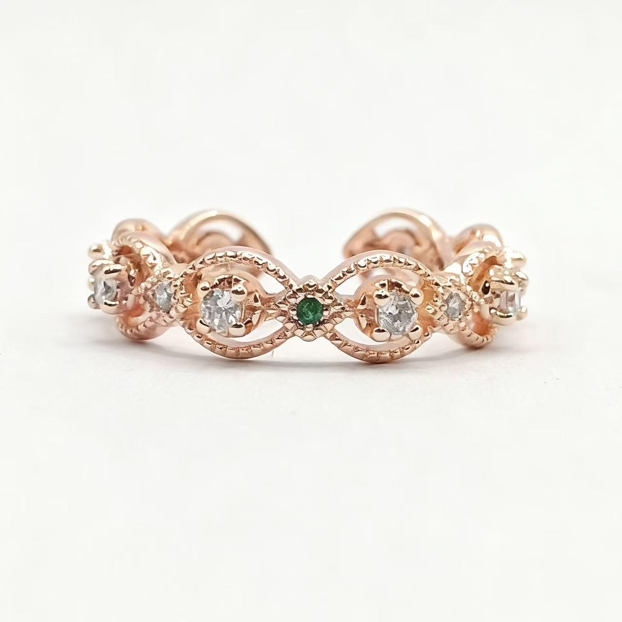 Yintai Elegant Rose Gold-Plated Ring with Green Zircon - Hollow Carved Design for Women Adjustable