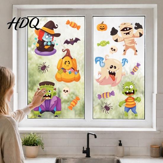 Reusable Static Cling Ornaments Halloween Window Clings Cartoon Ghost Pumpkin Witch Monsters Decals Waterproof Seasonal Glass Surface Adhesives