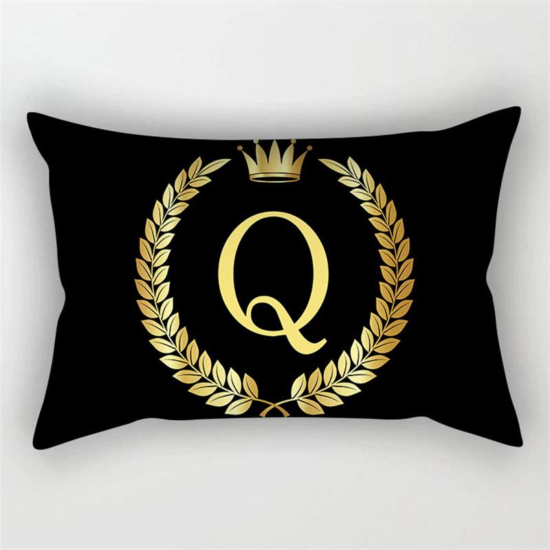 Gold Color Letter Cushion Cover 30x50cm Rectangle Pillow Case Crown Leaves Plant Polyester Black Sofa Pillow Cover Home Decor