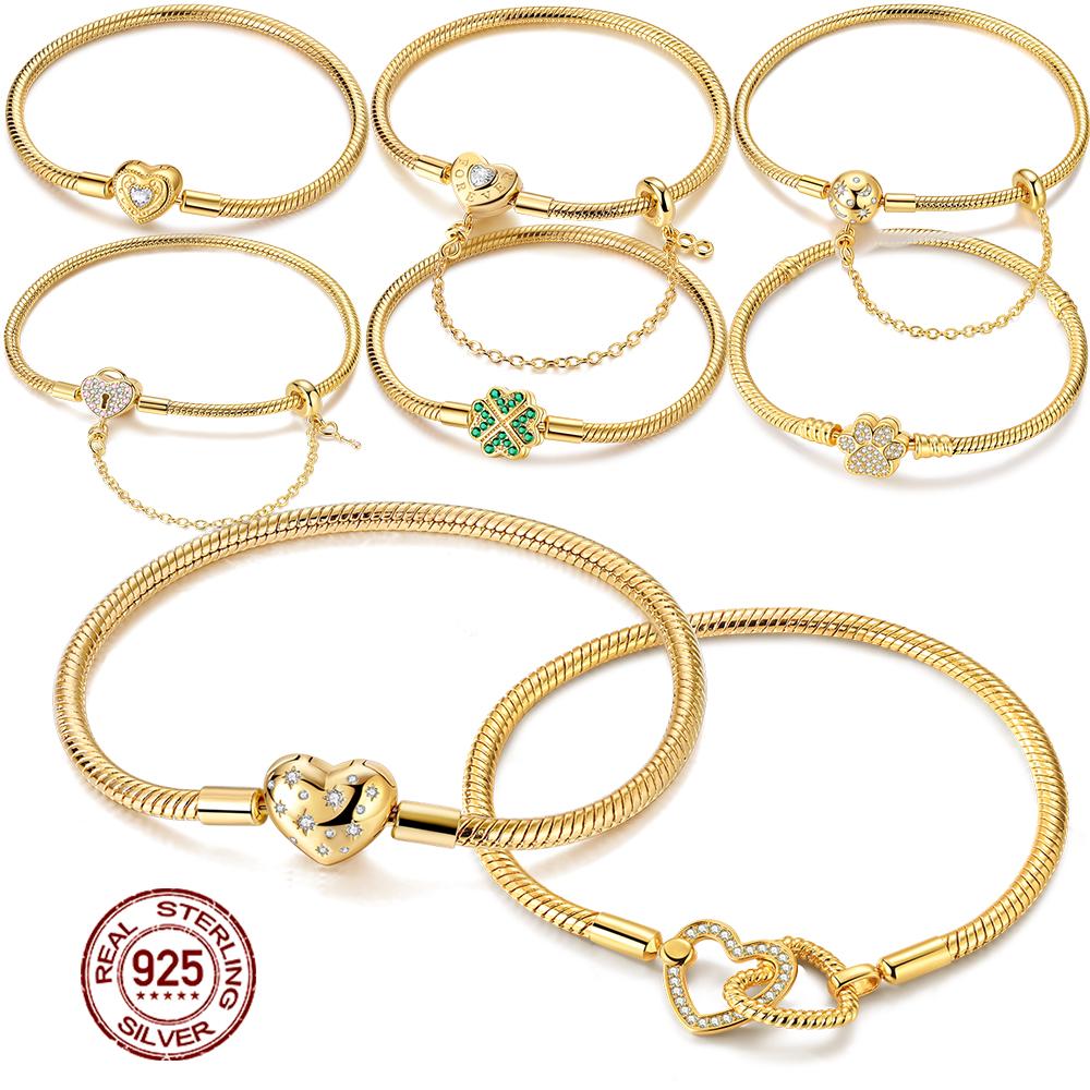 Originální náramek 925 Sterling Silver Náramek s přívěsky 17-20CM Zlaté Srdce Klíč Lásky Čtyřlístek Náramek Bangle Dámské Šperky Dárek