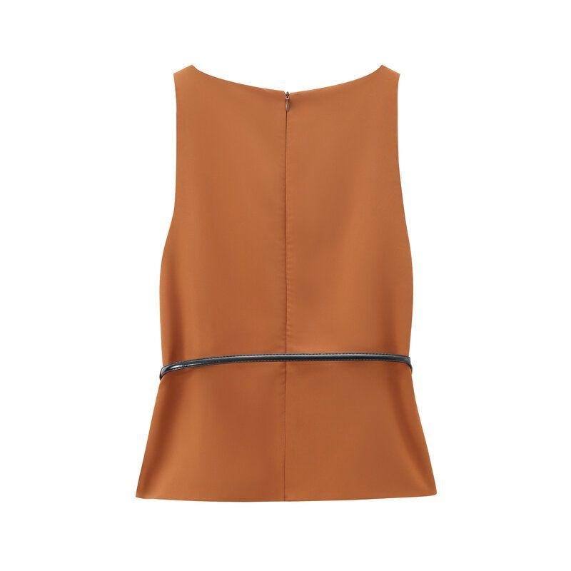 Fashion Style 2024 Autumn New Women's Clothing Casual Silm with Belt Stretch Sleeveless Tops 8698777