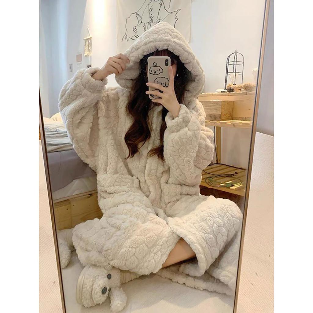 Fluffy Winter Pajamas for with Hood and Plus Sizes and Perfect for Fall and Cute, Women, Gloves. Available. Thick, Warm, Stylish. Winter.