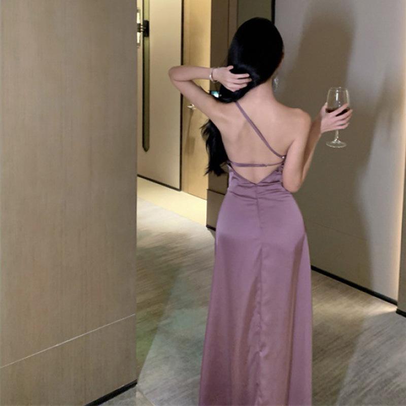 Design Sense Niche Suspender Purple Dress Female Summer Socialite Temperament Backless Sexy Split Dress Dress