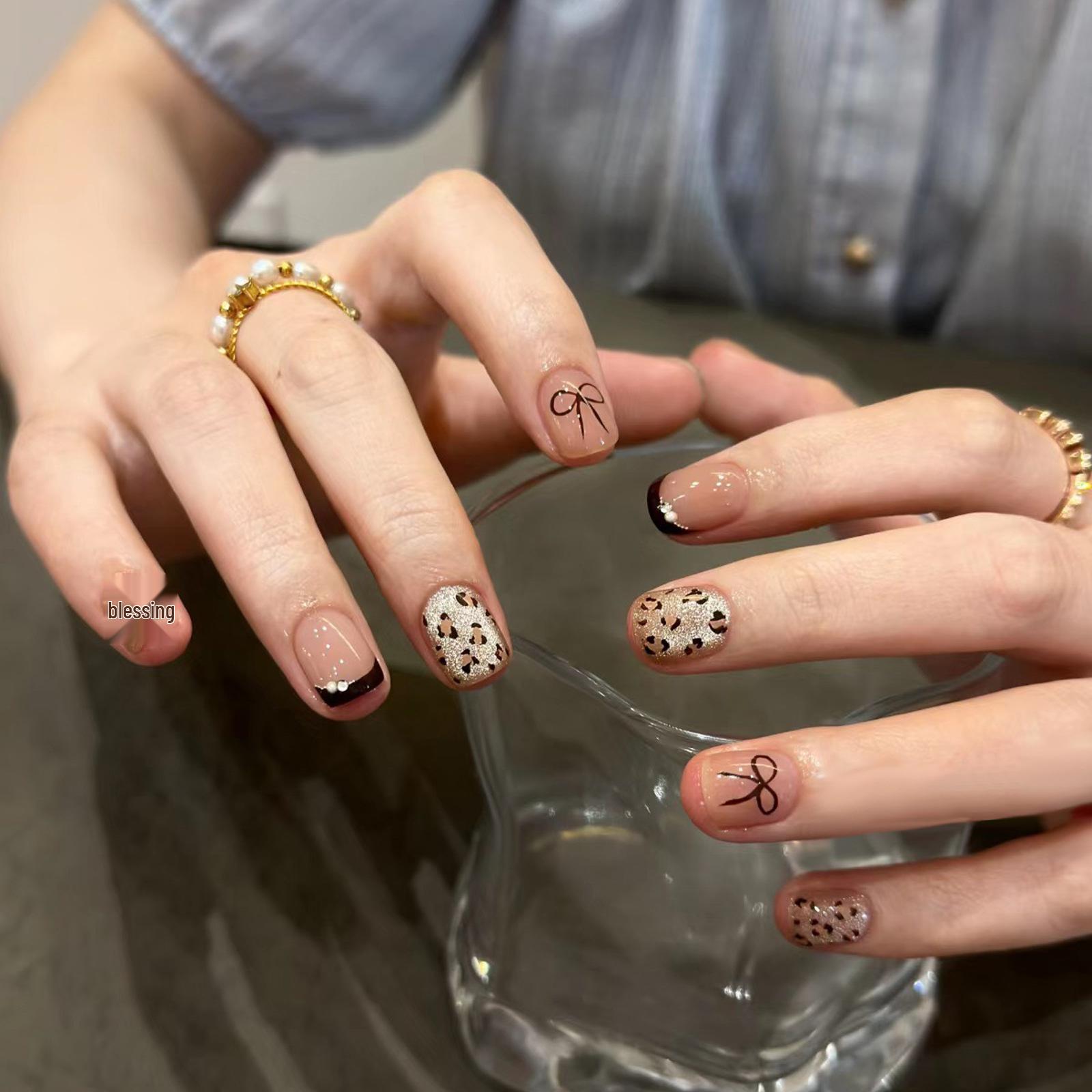 

High-End Autumn Cat Eye Leopard Print French Nail Art Tips Handmade Nails S 10 pcs/bag