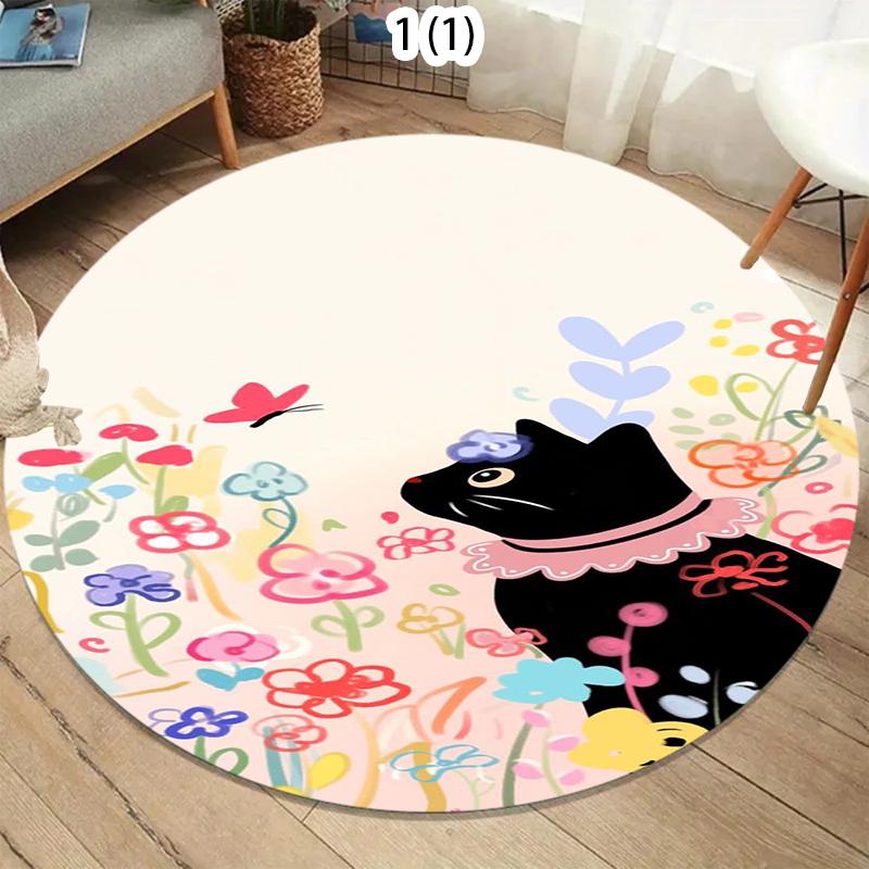 

Whimsical Cat Round Rug Cute Cat Dreamy Swirl Furniture Wonderland Print Non-Slip Circular Carpet Fairy Tale Style Floor Mat 80cm x 80cm