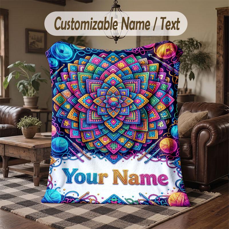 Mandala Theme Throw Blanket Custom Name Text Personalized Blanket Soft Cozy Blanket for Home Sofa Bed