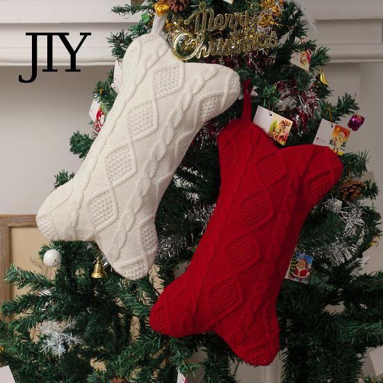Soft Acrylic Knit Stockings Dog Christmas Stocking, 17 Inch Large Bone Shape Holiday Treasure Hunt Storage Bags Cable Knitted Fireplace Hanging