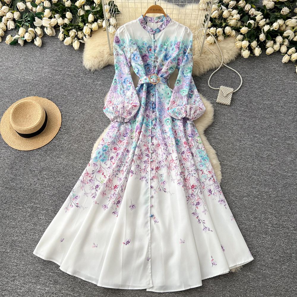 Women's Vintage Floral Print Long Maxi Dress Spring Stand Collar Long-Sleeve Single-breasted Fitted A-Line Dress