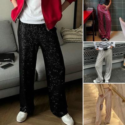 Women Casual Pants Elastic Waist Mid-rise Straight Wide Leg Long Trousers Shiny Sequins Commuter Style Pants