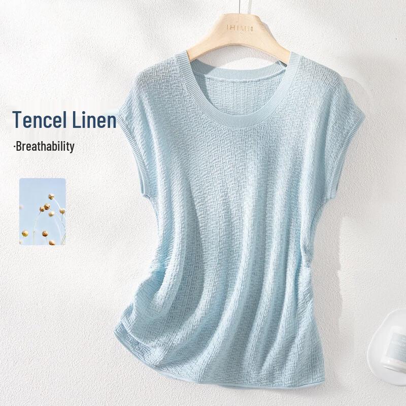 IHIMI Women s Lyocell Linen Blend Pleated Slim-Fit Short Sleeve Top M