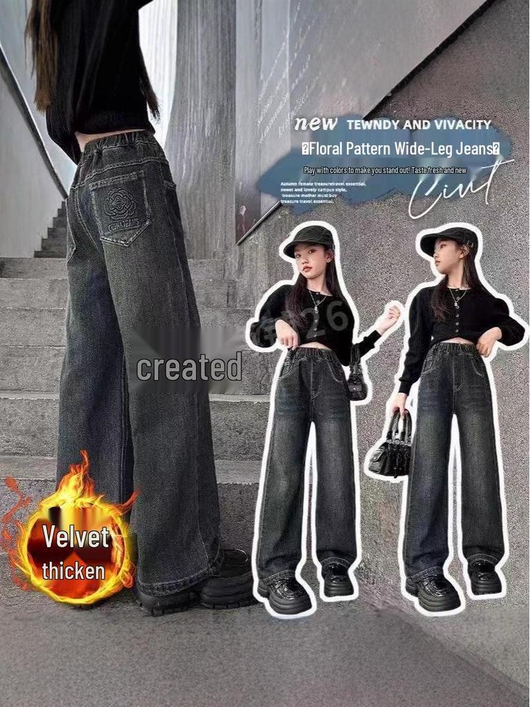 Modische Mädchen-Winterhose 2024 mit Fleecefutter - Herbstliche gerade Jeans mit weitem Bein für größere Kinder