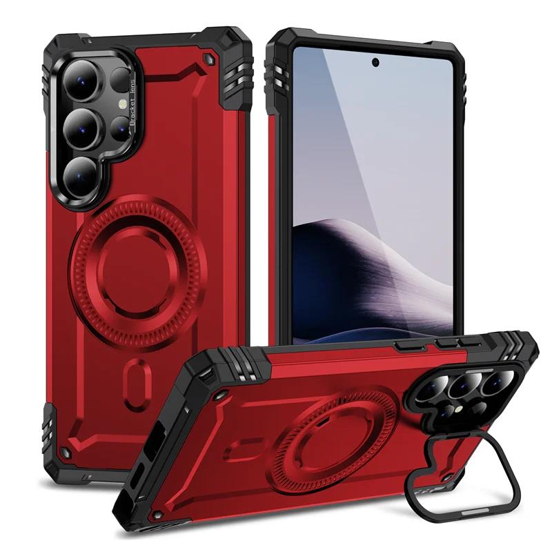 

Metal Lens Bracket Heavy Armor Phone Case For Samsung Galaxy S25 Ultra S24 FE 5G S23 Plus Magnetic Wireless Charging Back Cover For S23