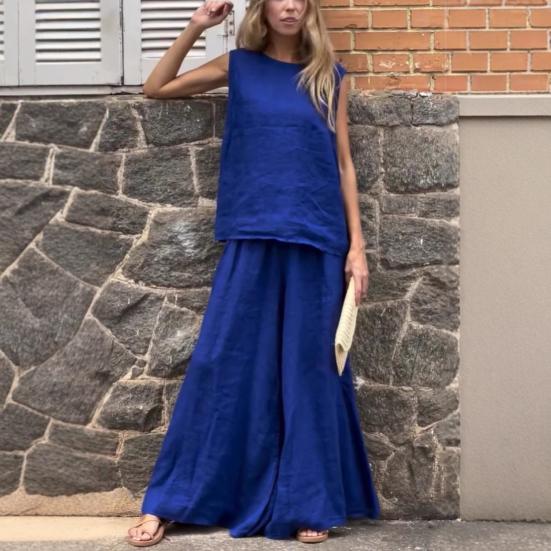 2-teiliges Sommer-Outfit für Damen, ärmelloses Tanktop und Hose mit weitem Bein, lässiges Lounge-Set aus Leinen und Baumwolle, passendes Strand-Set
