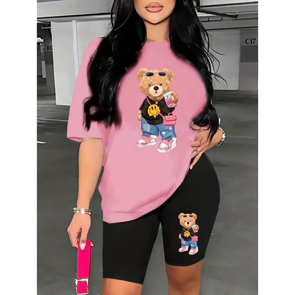 Summer Women's Bear Cartoon Print Casual Loose Round Neck Short Sleeved T-shirt